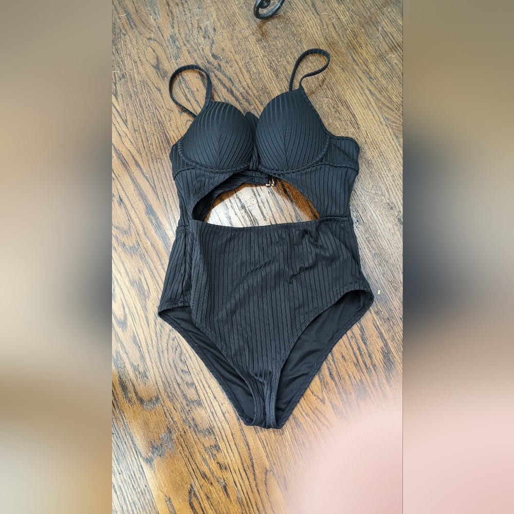Black Ribbed Cutout One Piece Swim